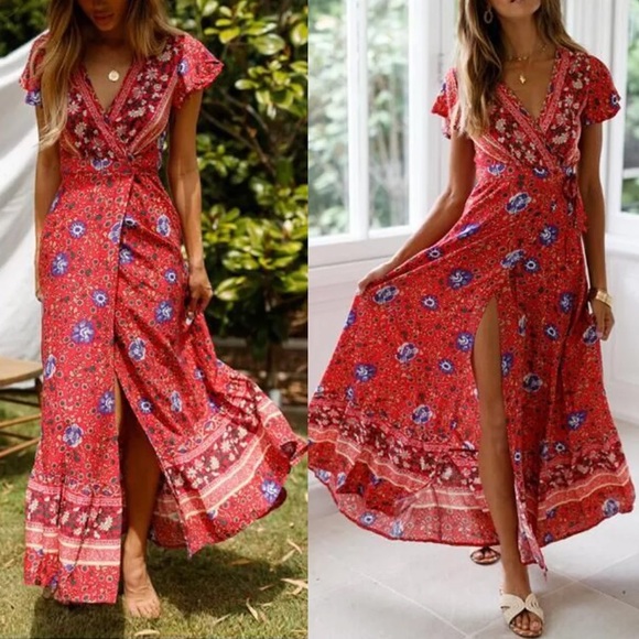 Chic Nation Dresses & Skirts - Chic Nation Red Floral Wrap Maxi Dress